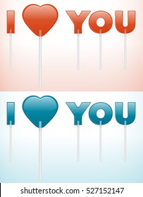 Set of two Valentine's Day greeting card with lollipops. Heart candy. I love you card. 