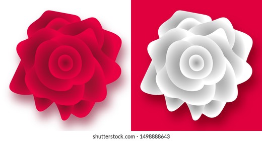 A set of two variations of a realistic rose flower, in red and white. Gradient. Isolated.