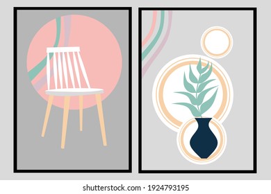 Set two of vase, flowers, rainbow and chair wall art. Minimalist Scandinavian style wall decor with pastel pink, White and cream color. Vector Ilustration of Home decorations. Can use for card.