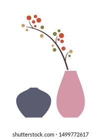 Set of two vases with a plant in flat style, in grey and pink colors. Isolated silhouettes on transparent background. Stylized vector illustration with minimalist geometric shapes.