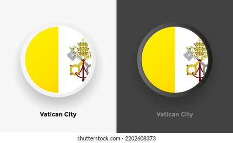Conjunto de dos botones de la bandera de la Ciudad del Vaticano con fondo blanco y negro. Resumen de botones brillantes redondeados metálicos con bandera nacional