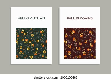 set of two vector autumn greeting cards Hello Autumn and Fall is coming with floral arrangements of autumn leaves, berries, sunflowers and acorns.