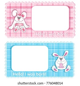 A set of two vector background Birthday card for child. Blue cute bunny boy and pink girl on a background with a checkered texture. Cartoon funny character.