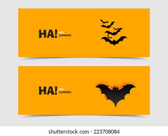 Set of two vector banners with bats cut out of paper. Flat design. Black bats. Background. Happy Halloween. Autumn. Icon Image Picture Illustration Printed material Logo 