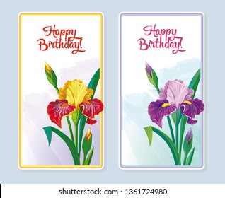 Set of two vector banners with happy Birthday with bright colors of irises