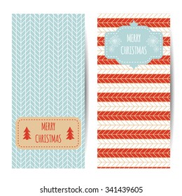 Set of two vector banners with imitation of sweater texture, snowflakes, fir-tree and lettering Merry Christmas. Designed for postcard or invitations.