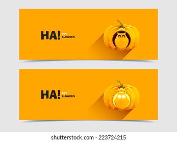 Set of two vector banners with realistic Halloween pumpkins with a carved owl of it. 