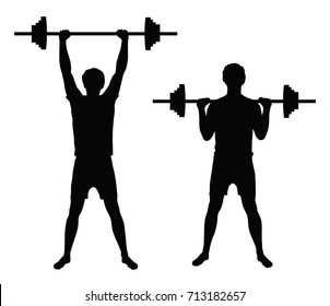 Set of two vector black silhouettes of weight lifting man isolated on white background