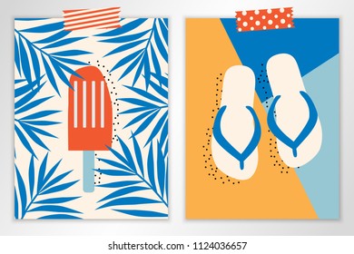 Set of two vector bright summer cards with ice cream in palm leaves and sandals. All isolated and layered