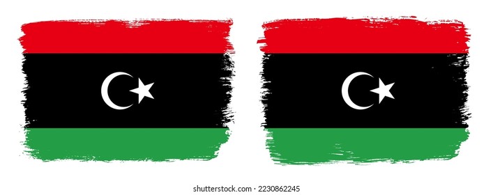 A set of two vector brush flags of Libya with abstract shape brush stroke effect