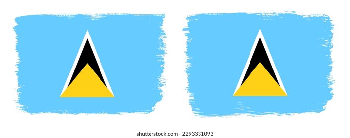 A set of two vector brush flags of Saint Lucia with abstract shape brush stroke effect