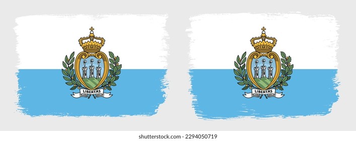 A set of two vector brush flags of San Marino with abstract shape brush stroke effect