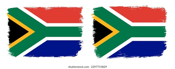 A set of two vector brush flags of South Africa with abstract shape brush stroke effect