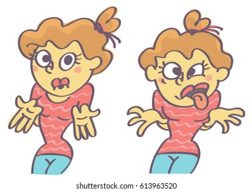 Set of two vector cartoons with disgusted and confused girl