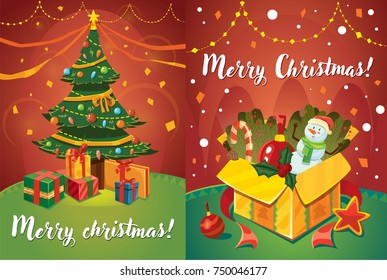Set of two vector Christmas greeting card design templates: Christmas tree with gifts and garlands and open gift box with snowman and Christmas holiday elements. Ready to use print design