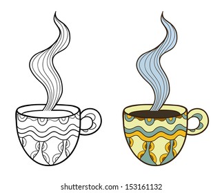 Set of two vector doodle coffee cups, outline and colorful