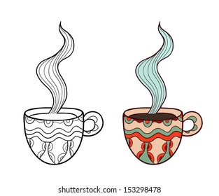 Set of two vector doodle coffee cups, outline and subdued colored