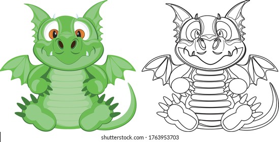 A set of two vector dragons for coloring. Vector illustration of a color and black and white dragon.