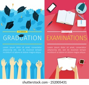 Set of two vector education banners. Preparing for examinations banner with hands which is holding book. Celebrating a graduation banner with student hands which is throwing up square academic caps