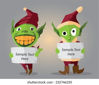 set of two vector elves one with huge smile on his place and the other one spooky but cute both with tablet in their hands with place for text