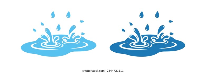 Um conjunto de dois ícones EPS vetoriais que retratam os respingos de água com gotas caindo, perfeito para chuva, molhado, hidratação ou projetos relacionados a líquidos e temas meteorológicos.
