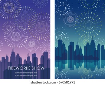 A set of two vector fireworks background illustrations with cityscapes.