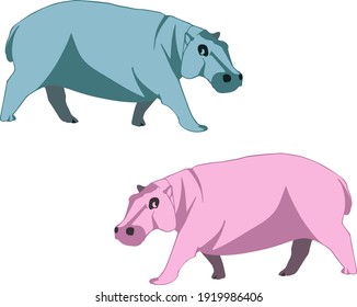 Set of two vector flat hippopotamuses in pink and blue colors isolated on white background. Bright design with hippo for children, paper, fabrics, web, stickers and other purposes.