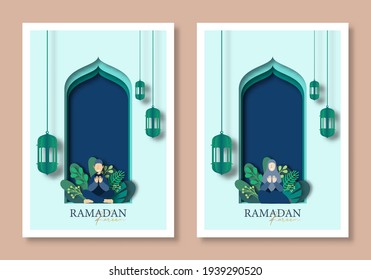 Set of two vector flat illustration ramadan kareem with cut out paper 3d style drawing man and woman praying. Perfect for greeting card, poster, banner, flyer, social media post, feed, story, fleet.