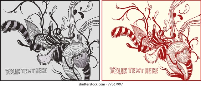 set of two vector floral cards with fantasy striped plants and flowers