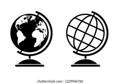 Set of two vector globe illustrations with world map and a wireframe globe