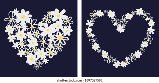 Set of two vector graphic ditsy daisy flower placement artwork with dark blue background.