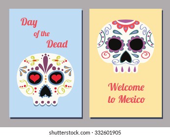 set of two vector greeting cards for the Mexican day of the Dead with decorated human skulls and text