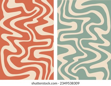 Set of two vector groovy backgrounds in retro hippie style. Trendy abstract psychedelic pattern with 70s waves.