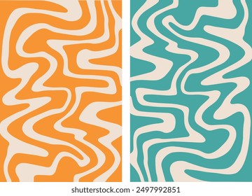 Set of two vector groovy backgrounds in retro style. Trendy abstract psychedelic pattern with 70s hippie waves.