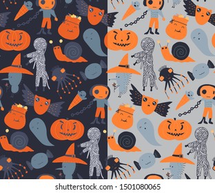 Set of two vector Halloween seamless patterns with cute cartoon characters and simbols. Endless texture for web page background, wrapping paper and etc.