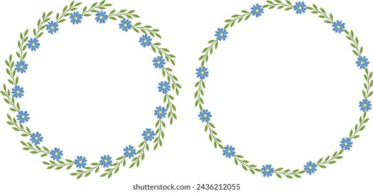 Set of two vector hand drawn wreath. Round floral frames of green leaves and blue flowers.	