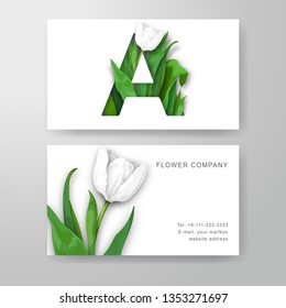 Set of two vector horizontal business cards. Letter A of flowers and leaves of white tulip. Place for your text