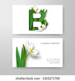 Set of two vector horizontal business cards. Letter B of flowers and leaves of white tulip. Place for your text