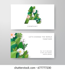 Set of two vector horizontal business cards. Letter A of leaves and flowers and floral ornament. Paper cut art. Place for your text. 