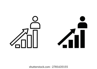 A set of two vector icons representing career advancement, personal growth, and professional success featuring a bar chart with an upward arrow and a human figure.