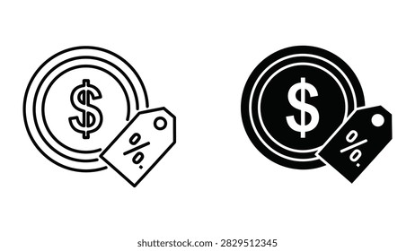 A set of two vector icons representing cured meats hanging in a butcher shop. The left icon displays an outline illustration of sausages and a ham hock suspended from hooks on a rack. The right icon presents the same butcher items in a solid black silhouette offering a bolder visual. These graphics are perfect for food blogs restaurant branding grocery store designs or any project related to meat products and delicatessens provided on a white background.