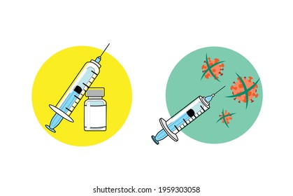 Set of two vector icons of vaccine syringe with bottle of vaccine. COVID-19 international vaccination campaign icons set. Coronavirus treatment. Medical equipement set. Isolated objects.