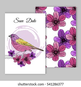 Set of two vector illustration of the bird on branch and floral Seamless pattern of anemones. Wedding invitation, greeting card template.