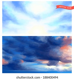 Set of two vector illustration for your design. Clear and overcast sky with clouds and sun. Hand drawing oil pastel