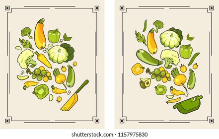 a set of two vector illustrations for a cafe and a fast food restaurant vegetable kits in salad and roast in a frying pan