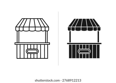 A set of two vector illustrations depicting market stalls, one in outline style and the other as a silhouette. Perfect for concepts related to small business, sales, or outdoor markets.