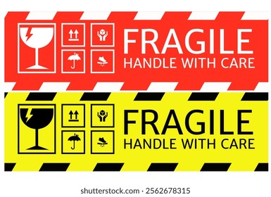 Set of two vector illustrations of fragile warning labels with black text and symbols on a red and yellow background