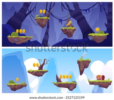 A set of two vector illustrations with game scenes with flying islands, gold coins, keys and a chest against the background of the sky and an ominous forest