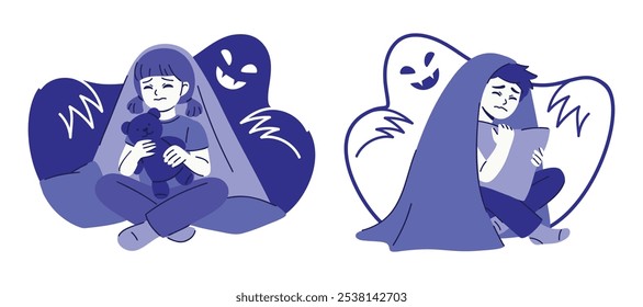 Set of two vector illustrations with kids hiding under the blanket from the monster behind. Сhildhood nightmare, emotion of fear, bad dreams concept. Minimalist drawing for article, advertising, print