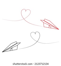 Set of two vector illustrations of paper plane icons fot st. Valentines Day. Outline simple and silhouette craft paper airplane with heart route isolated on white background.
